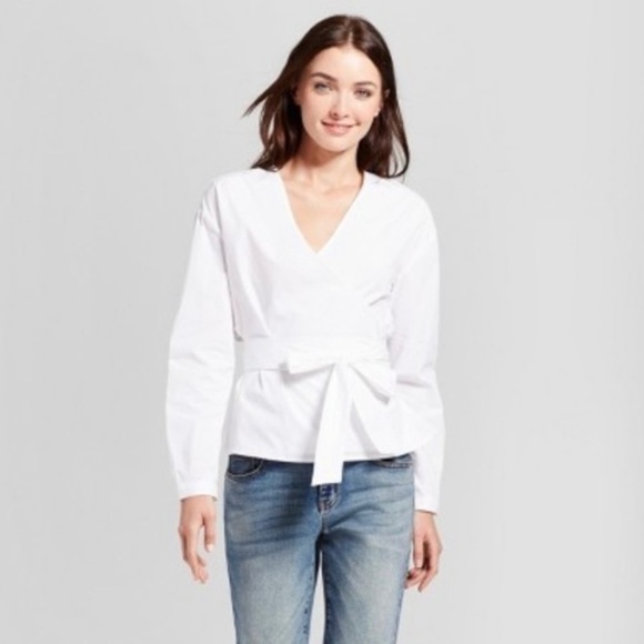 A New Day white 97% cotton 3% spandex wrap top with long attached belt. Boho XXL - Picture 2 of 5